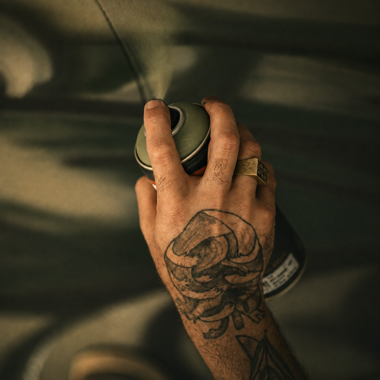 Mão de Leo Costanzo pintando com spray — detalhe do gesto